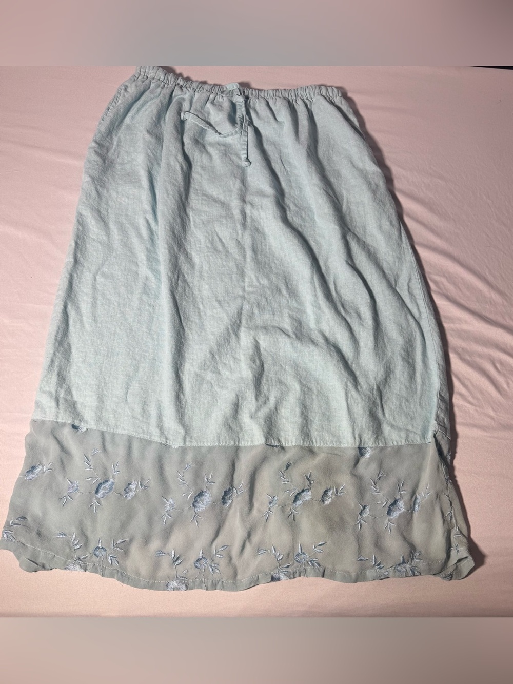 Vintage 90s Light Blue Women's Midi Skirt with Embroidered Hem